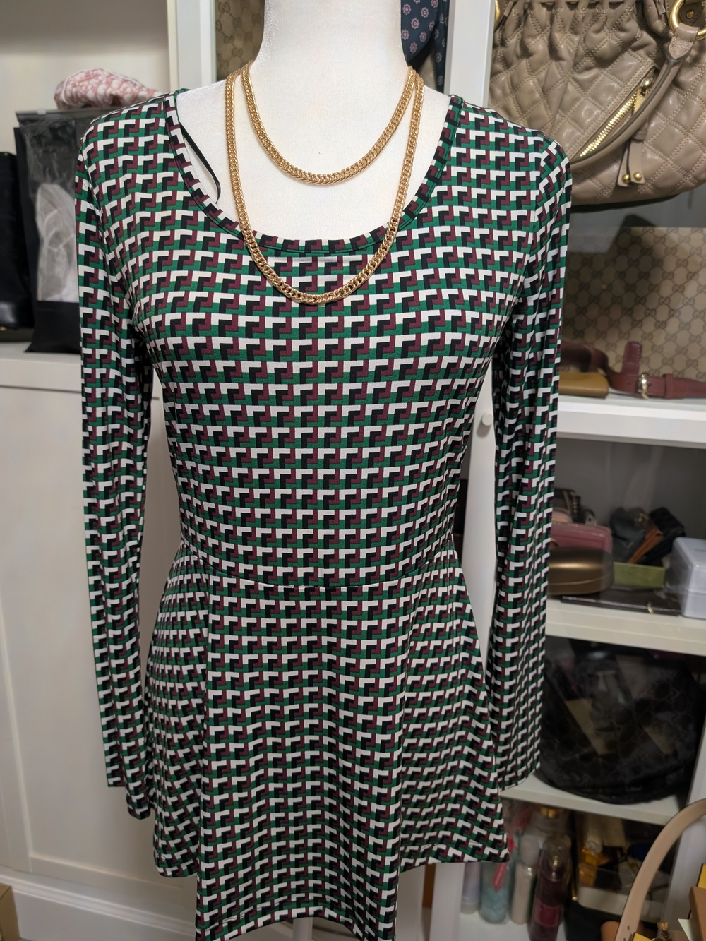Michael Kors Black, Green & White Geo-Print Long Sleeve Fit-and-Flare Top